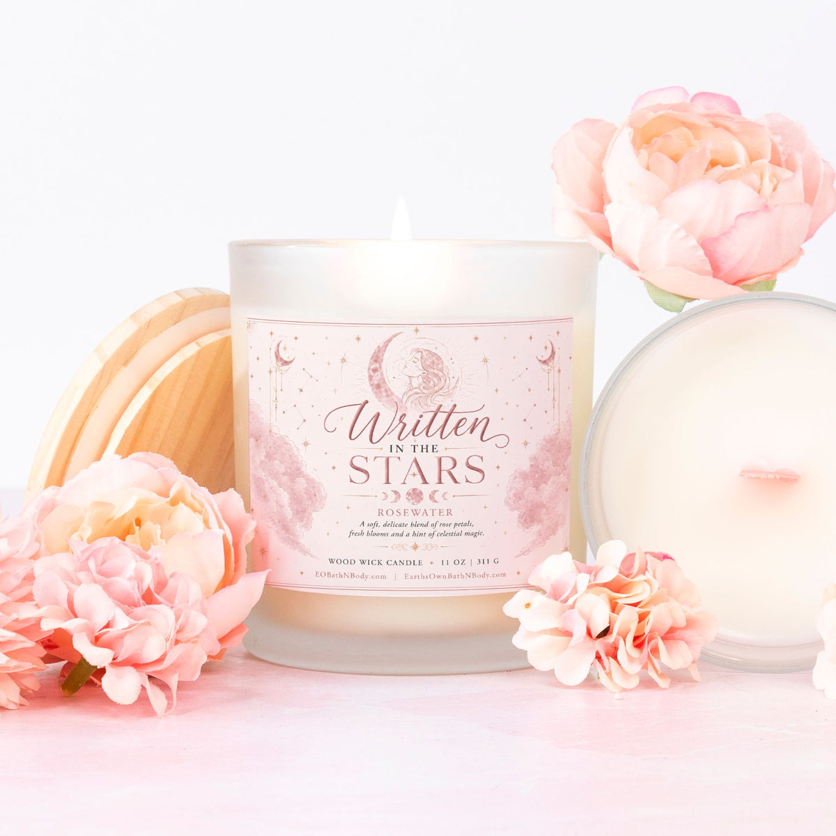 Written in the Stars Rosewater Candle, Pink Wood Wick Candle, Celestial Candle, Limited Edition 11 oz, Moon & Stars Gift