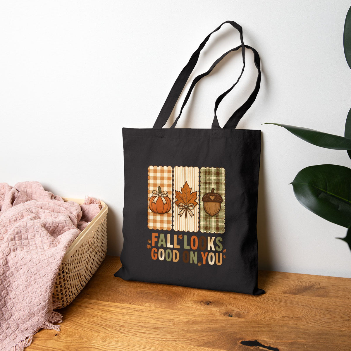 Fall Looks Good On You Tote Bag | Retro Pumpkin Fall Tote | Plaid Autumn Leaf Acorn Bag | Cozy Fall Canvas Tote | 2 Colors