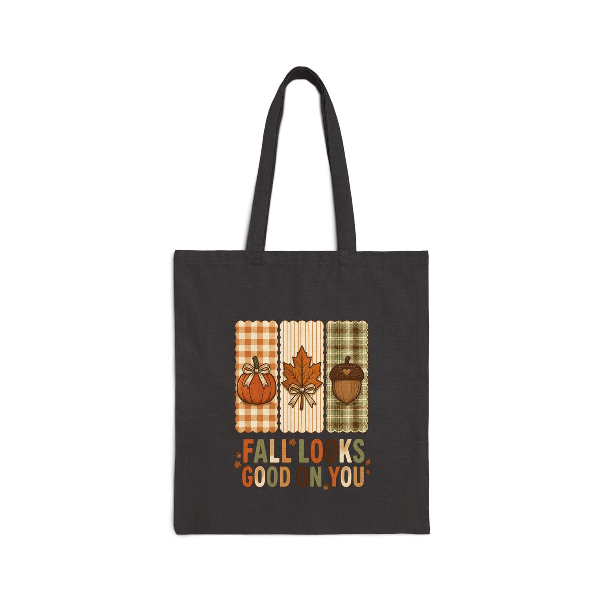 Fall Looks Good On You Tote Bag | Retro Pumpkin Fall Tote | Plaid Autumn Leaf Acorn Bag | Cozy Fall Canvas Tote | 2 Colors