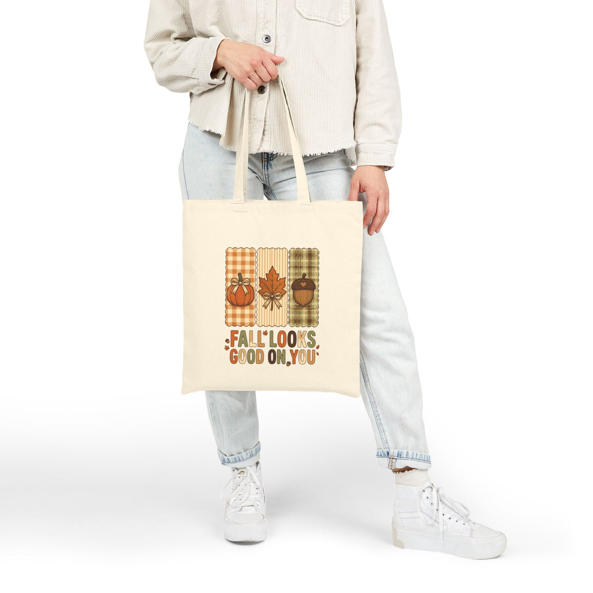 Fall Looks Good On You Tote Bag | Retro Pumpkin Fall Tote | Plaid Autumn Leaf Acorn Bag | Cozy Fall Canvas Tote | 2 Colors