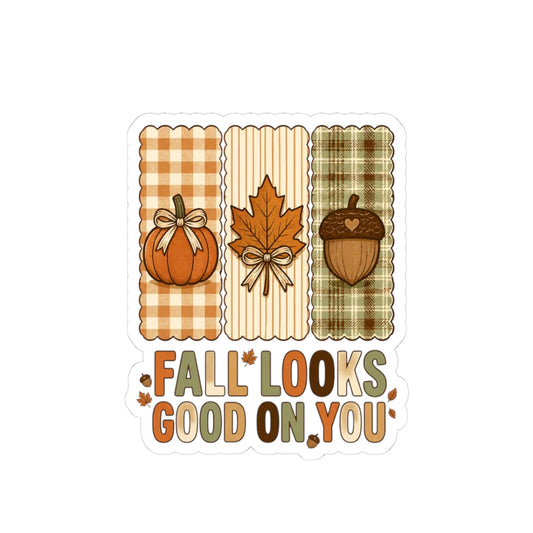 Fall Looks Good On You Sticker | Retro Fall Pumpkin Sticker | Autumn Plaid Leaf Acorn