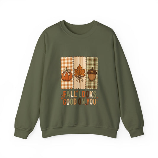 Fall Looks Good On You Sweatshirt | Thanksgiving, Pumpkin, Leaf, Acorn Plaid