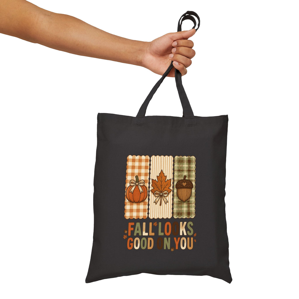 Fall Looks Good On You Tote Bag | Retro Pumpkin Fall Tote | Plaid Autumn Leaf Acorn Bag | Cozy Fall Canvas Tote | 2 Colors