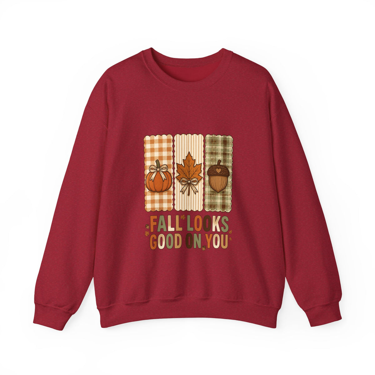 Fall Looks Good On You Sweatshirt | Thanksgiving, Pumpkin, Leaf, Acorn Plaid
