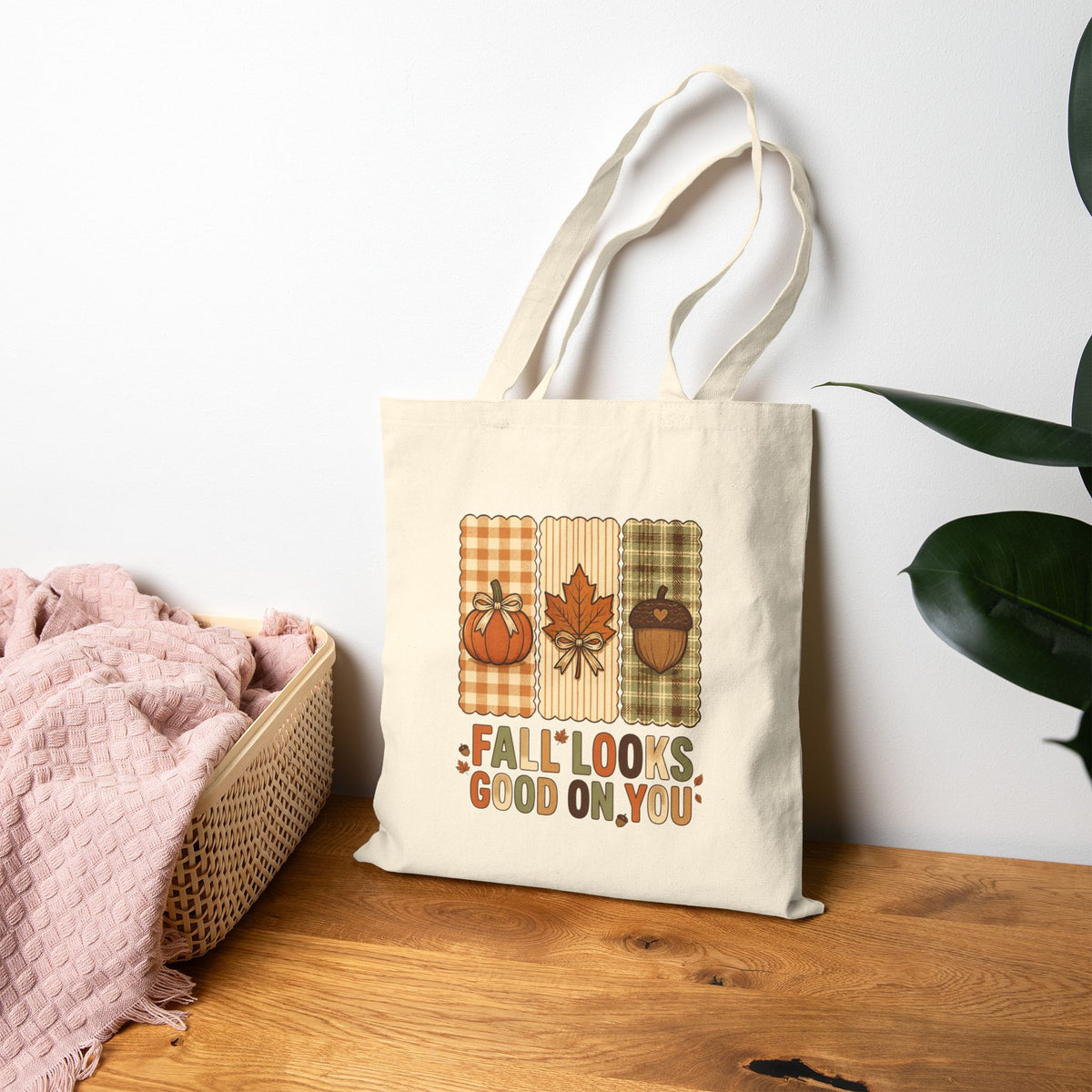 Fall Looks Good On You Tote Bag | Retro Pumpkin Fall Tote | Plaid Autumn Leaf Acorn Bag | Cozy Fall Canvas Tote | 2 Colors