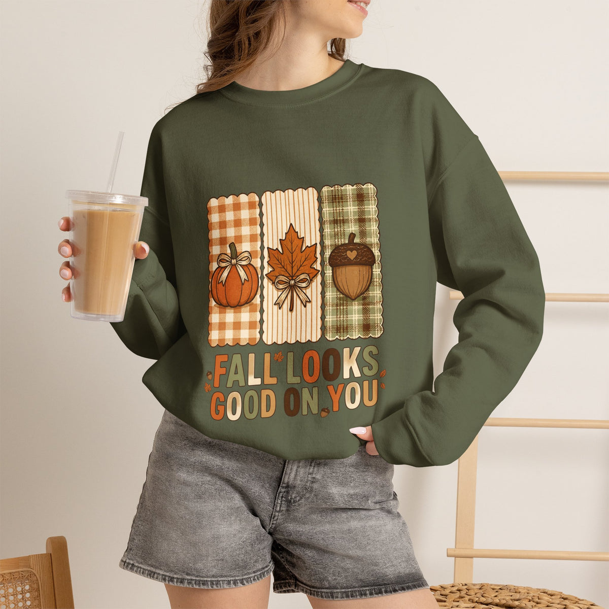 Fall Looks Good On You Sweatshirt | Thanksgiving, Pumpkin, Leaf, Acorn Plaid