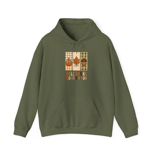 Fall Looks Good on You Hoodie | Cozy Autumn Pumpkin Thanksgiving Harvest Sweatshirt | Retro Plaid Fall Hoodie | Cute Fall Gift | Choose Your Color