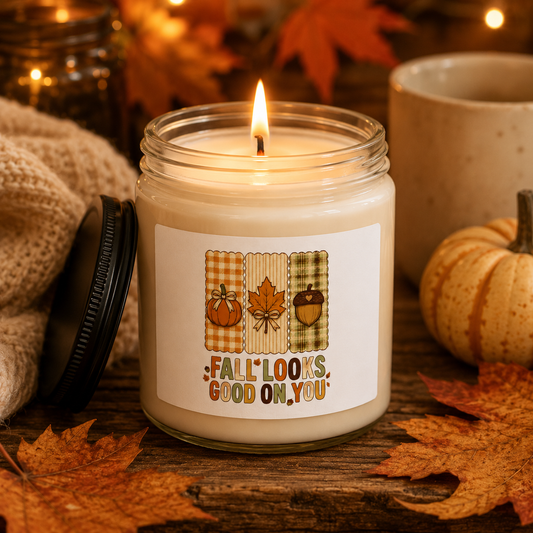Fall Looks Good on You Candle | Cozy Fall Soy Candle | Pumpkin Plaid Acorn Leaf Autumn Candle | Fall Gift | 9 oz Vessel | Choose Fragrance