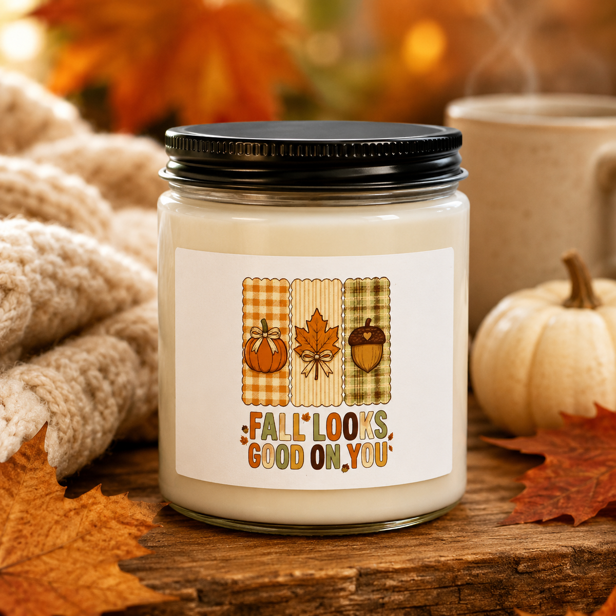 Fall Looks Good on You Candle | Cozy Fall Soy Candle | Pumpkin Plaid Acorn Leaf Autumn Candle | Fall Gift | 9 oz Vessel | Choose Fragrance