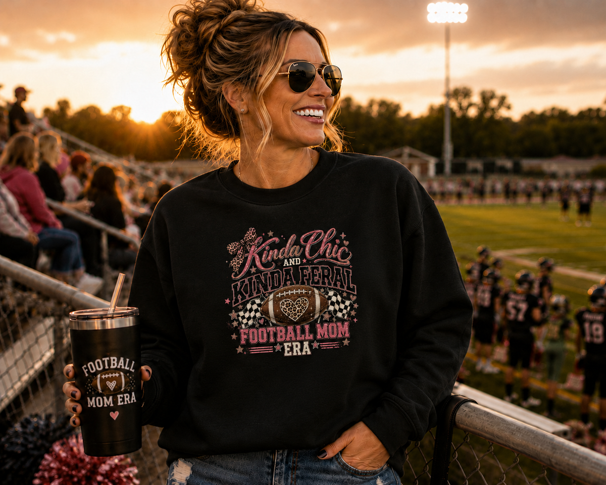 Kinda Chic Kinda Feral - Funny Football Mom Black Crewneck Sweatshirt | Leopard Pink Glitter Heart