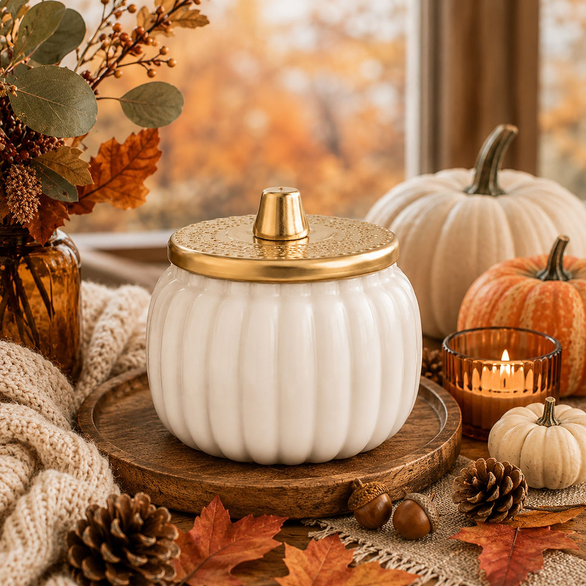 Gather Here With Grateful Hearts Pumpkin Candle, Thanksgiving Hostess Gift, Fall Decor, Coco Apricot Wax Candle, Ceramic Pumpkin, 24 oz