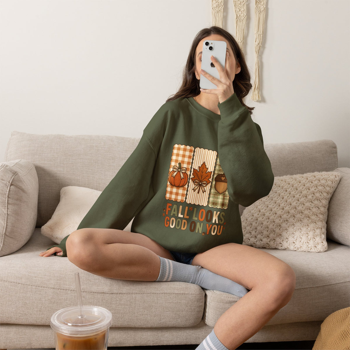 Fall Looks Good On You Sweatshirt | Thanksgiving, Pumpkin, Leaf, Acorn Plaid