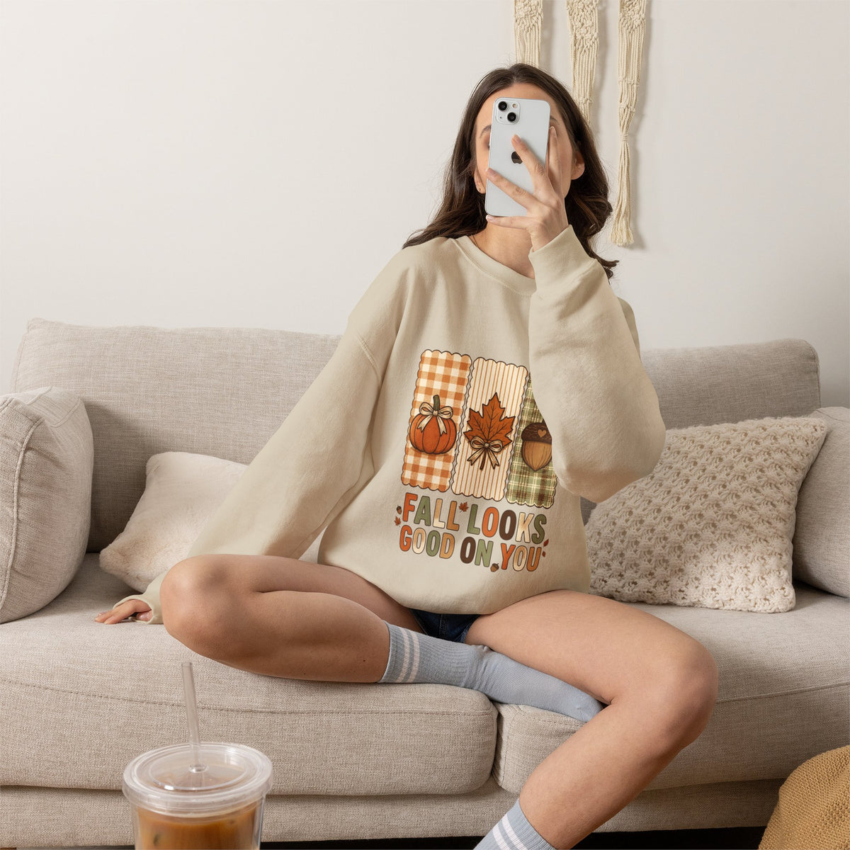 Fall Looks Good On You Sweatshirt | Thanksgiving, Pumpkin, Leaf, Acorn Plaid