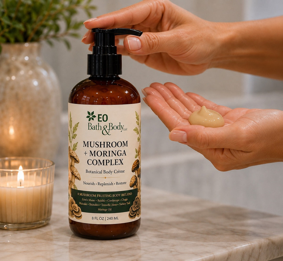 8 Organic Mushroom + Moringa Complex Body Crème | Ultra Hydrating Luxury Botanical SkinCare | Rich Moisture + Skin Barrier Support
