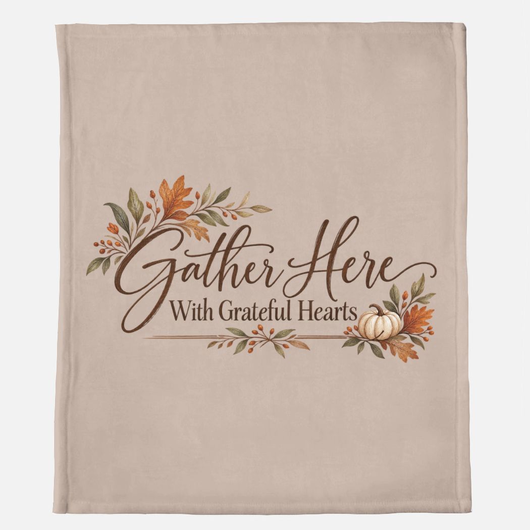 Gather Here With Grateful Hearts Fall Blanket – 50x60 Autumn Pumpkin Throw Blanket, Thanksgiving Home Decor, Hostess & Family Gift
