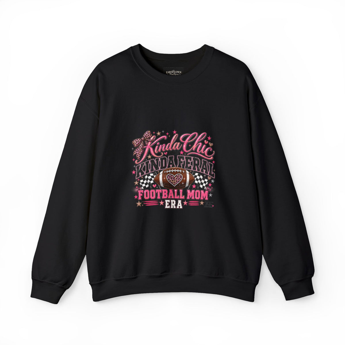 Kinda Chic Kinda Feral - Funny Football Mom Black Crewneck Sweatshirt | Leopard Pink Glitter Heart