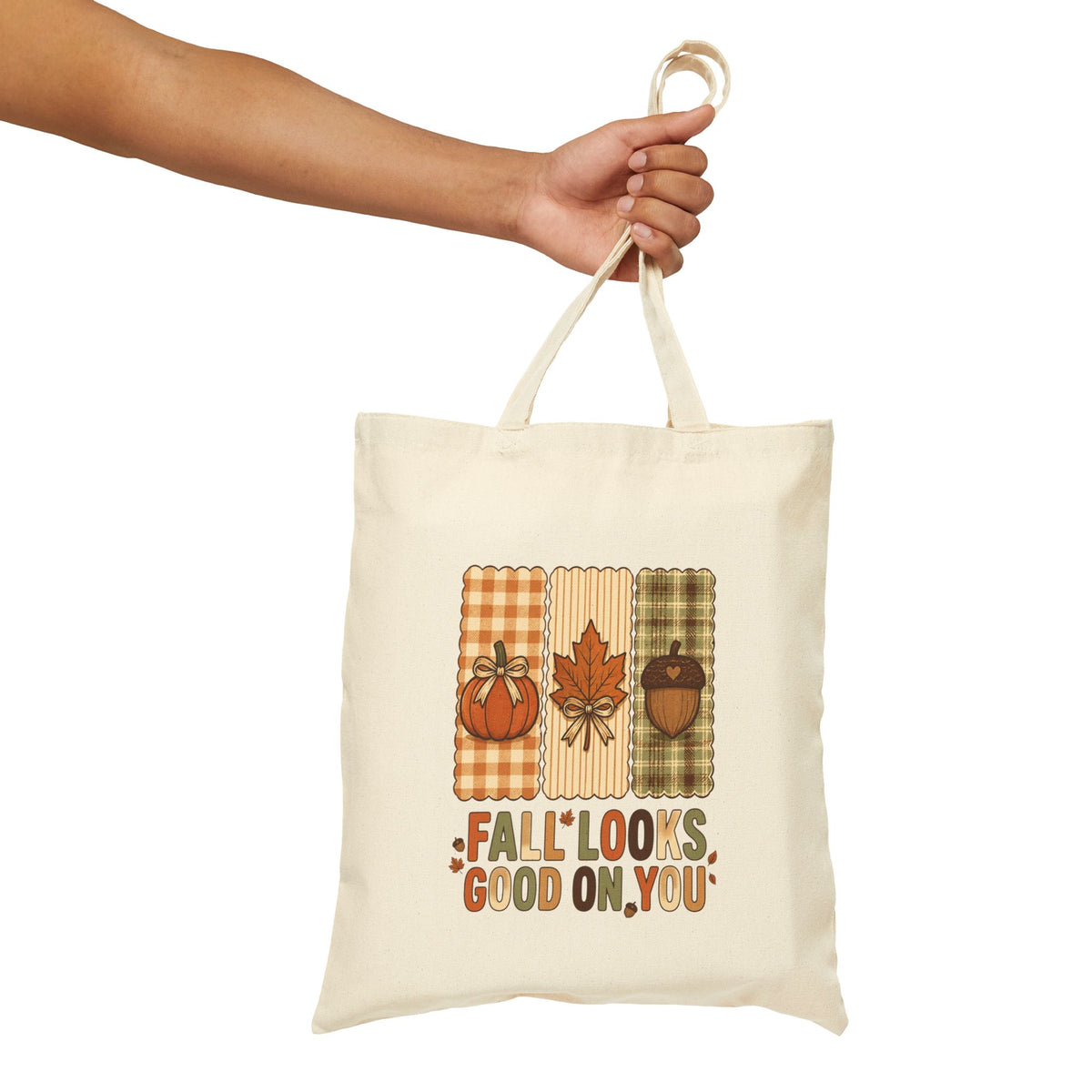 Fall Looks Good On You Tote Bag | Retro Pumpkin Fall Tote | Plaid Autumn Leaf Acorn Bag | Cozy Fall Canvas Tote | 2 Colors