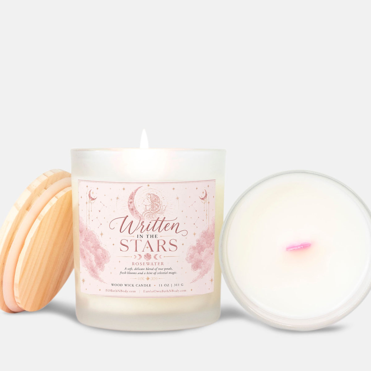 Written in the Stars Rosewater Candle, Pink Wood Wick Candle, Celestial Candle, Limited Edition 11 oz, Moon & Stars Gift