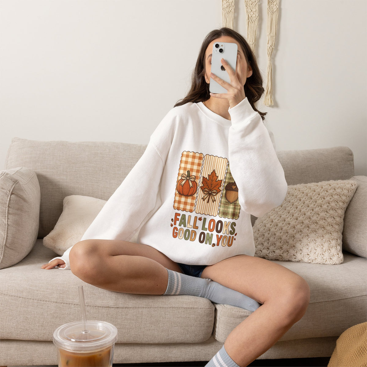 Fall Looks Good On You Sweatshirt | Thanksgiving, Pumpkin, Leaf, Acorn Plaid