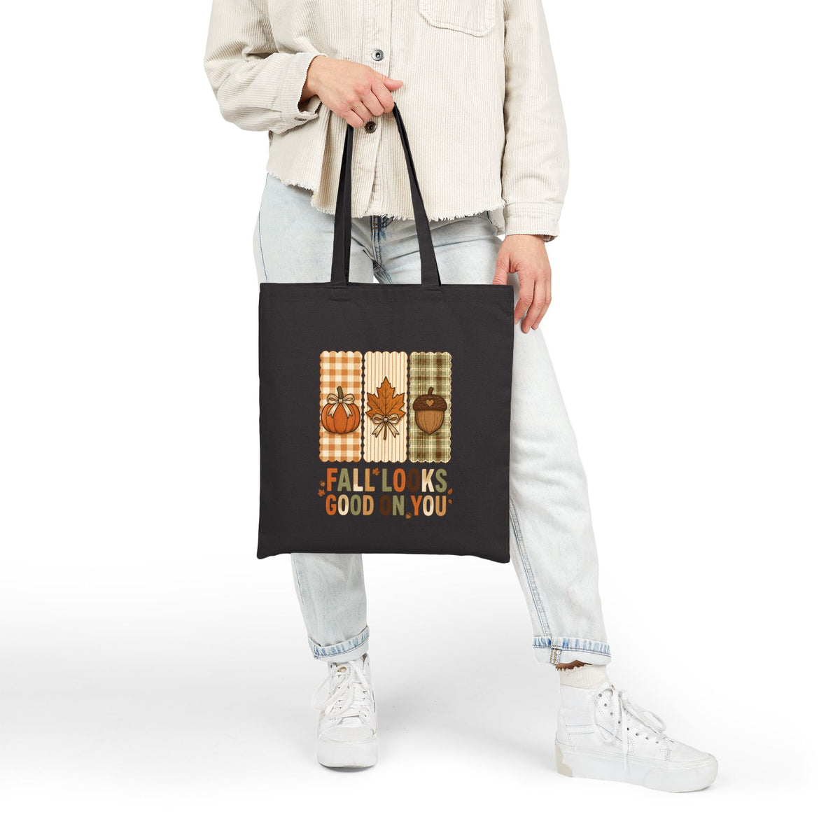 Fall Looks Good On You Tote Bag | Retro Pumpkin Fall Tote | Plaid Autumn Leaf Acorn Bag | Cozy Fall Canvas Tote | 2 Colors