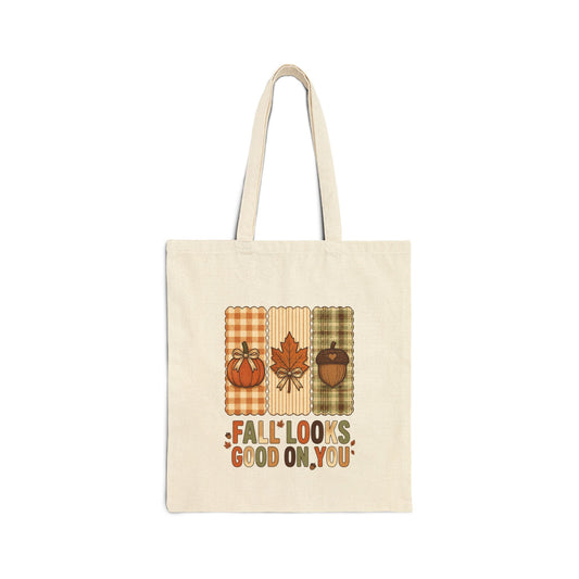 Fall Looks Good On You Tote Bag | Retro Pumpkin Fall Tote | Plaid Autumn Leaf Acorn Bag | Cozy Fall Canvas Tote | 2 Colors