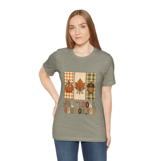 Fall Looks Good On You Plaid Pumpkin Leaf Acorn T-Shirt | Autumn Harvest Shirt | Multiple Colors Available