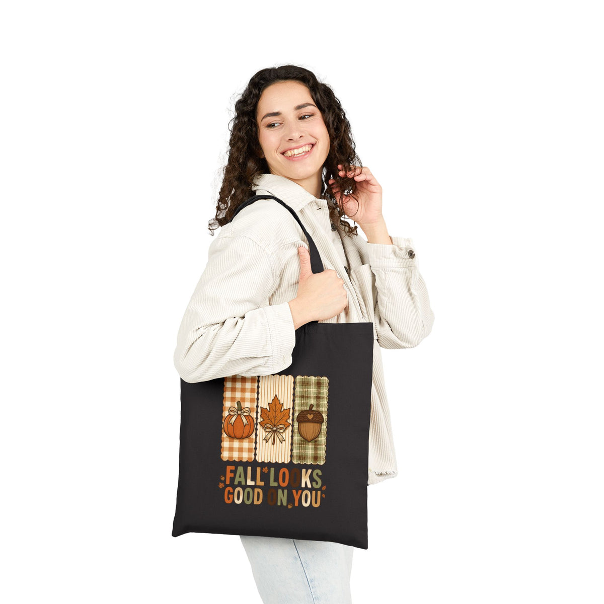 Fall Looks Good On You Tote Bag | Retro Pumpkin Fall Tote | Plaid Autumn Leaf Acorn Bag | Cozy Fall Canvas Tote | 2 Colors
