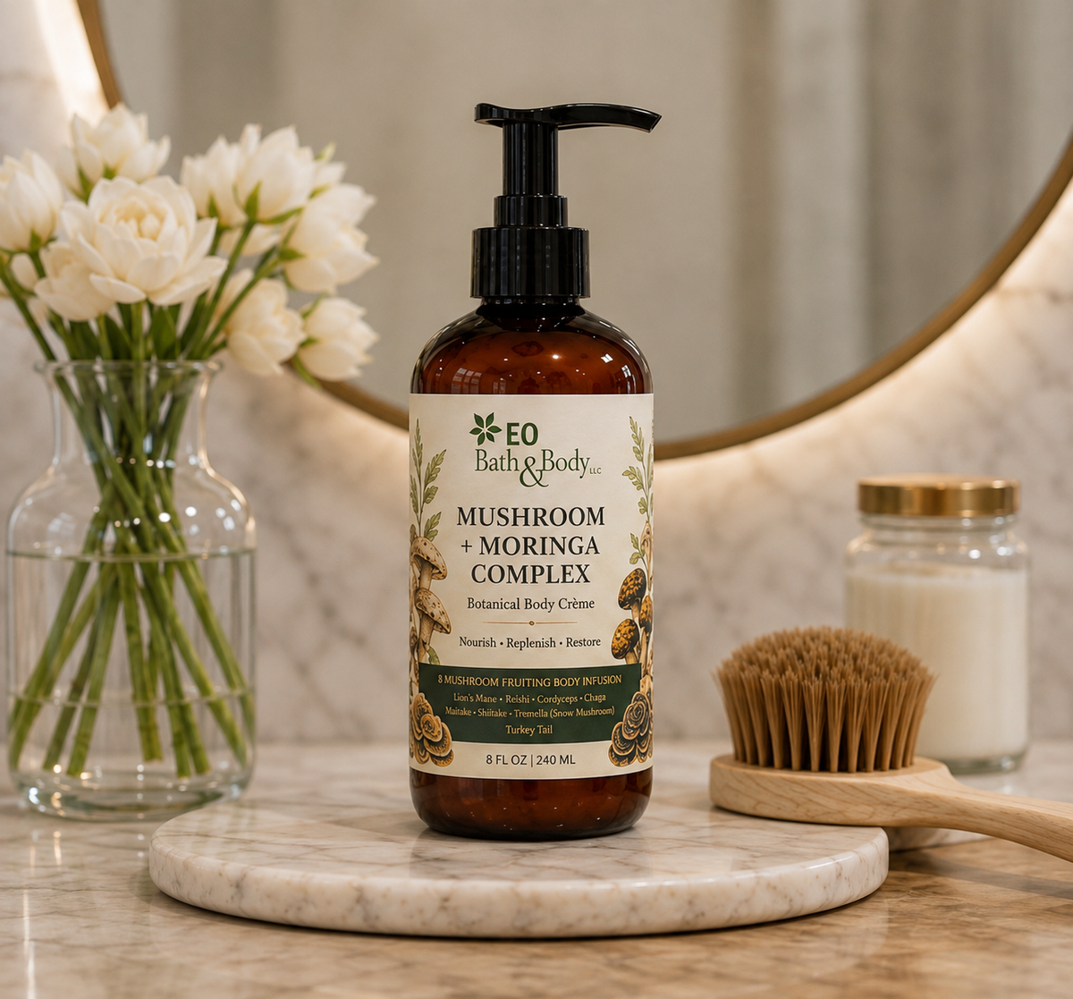 8 Organic Mushroom + Moringa Complex Body Crème | Ultra Hydrating Luxury Botanical SkinCare | Rich Moisture + Skin Barrier Support