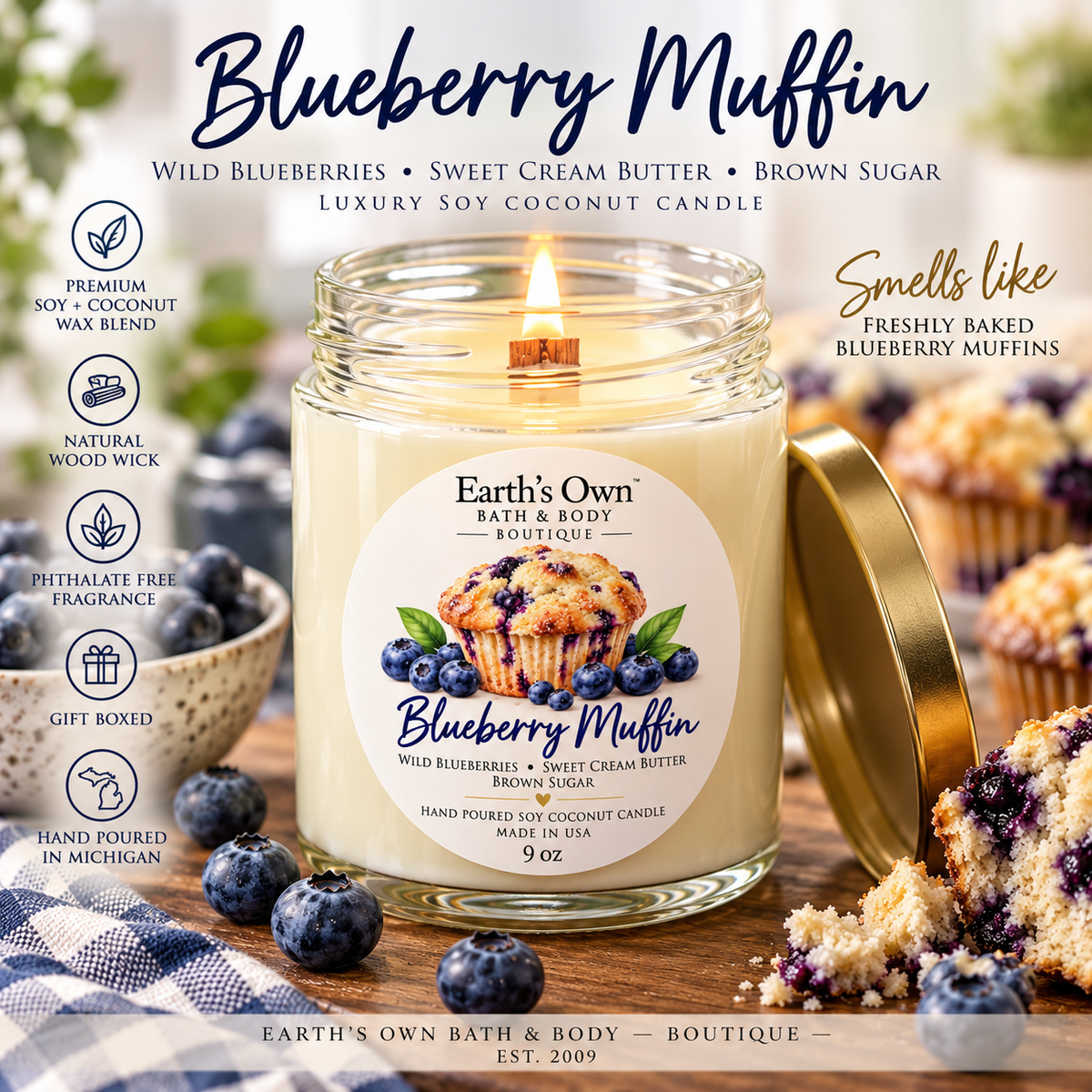 Blueberry Muffin Wood Wick Candle, Blueberry + Brown Sugar Soy Coconut Candle, 9 oz Glass Jar