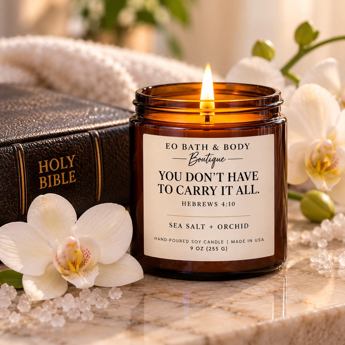 You Don’t Have to Carry It All Candle – Hebrews 4:10 Christian Encouragement Gift, Sea Salt + Orchid . 9oz Jar