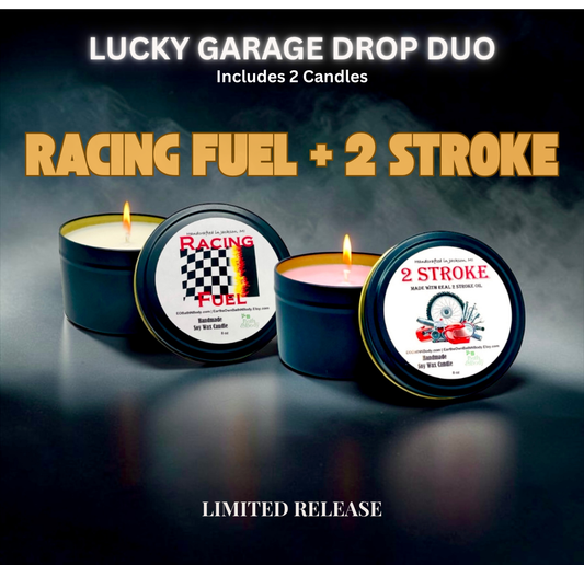 Lucky Garage Drop Duo - Racing Fuel + 2 Stroke (2 Candle Set - 8 oz Only)