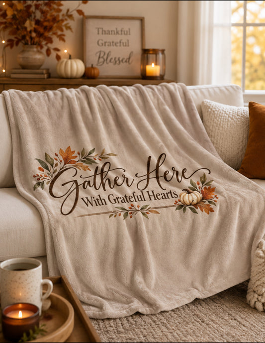 Gather Here With Grateful Hearts Fall Blanket – 50x60 Autumn Pumpkin Throw Blanket, Thanksgiving Home Decor, Hostess & Family Gift