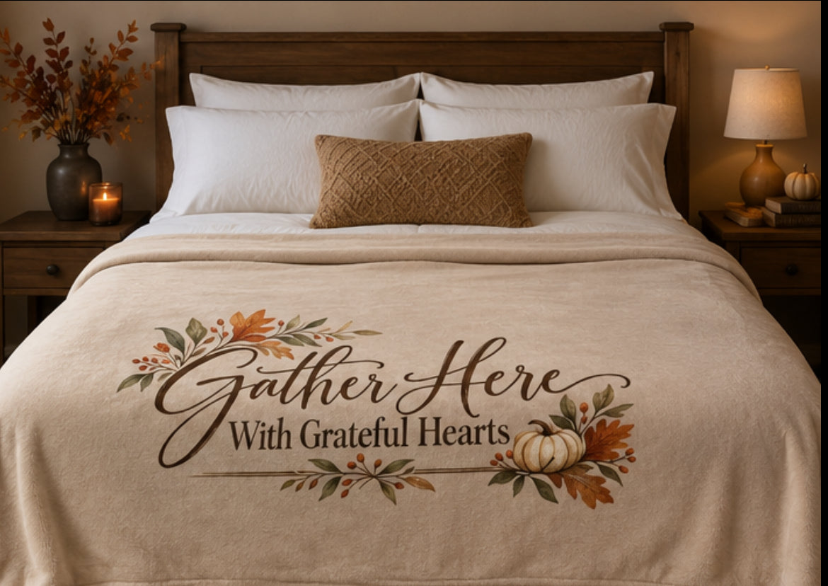 Gather Here With Grateful Hearts Fall Blanket – 50x60 Autumn Pumpkin Throw Blanket, Thanksgiving Home Decor, Hostess & Family Gift