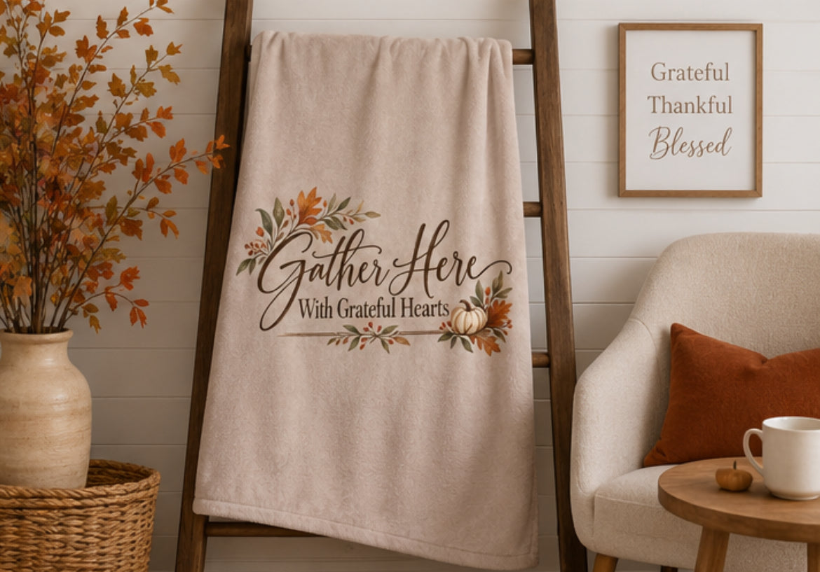Gather Here With Grateful Hearts Fall Blanket – 50x60 Autumn Pumpkin Throw Blanket, Thanksgiving Home Decor, Hostess & Family Gift