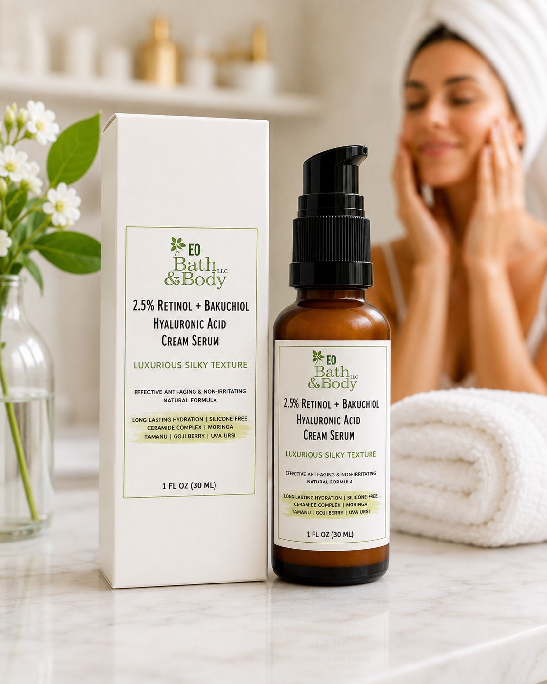 2.5% Retinol + Bakuchiol Hyaluronic Acid Cream Serum | Ceramide Complex, Organic Moringa & Meadowfoam Seed Oil | Luxurious Botanical Skincare