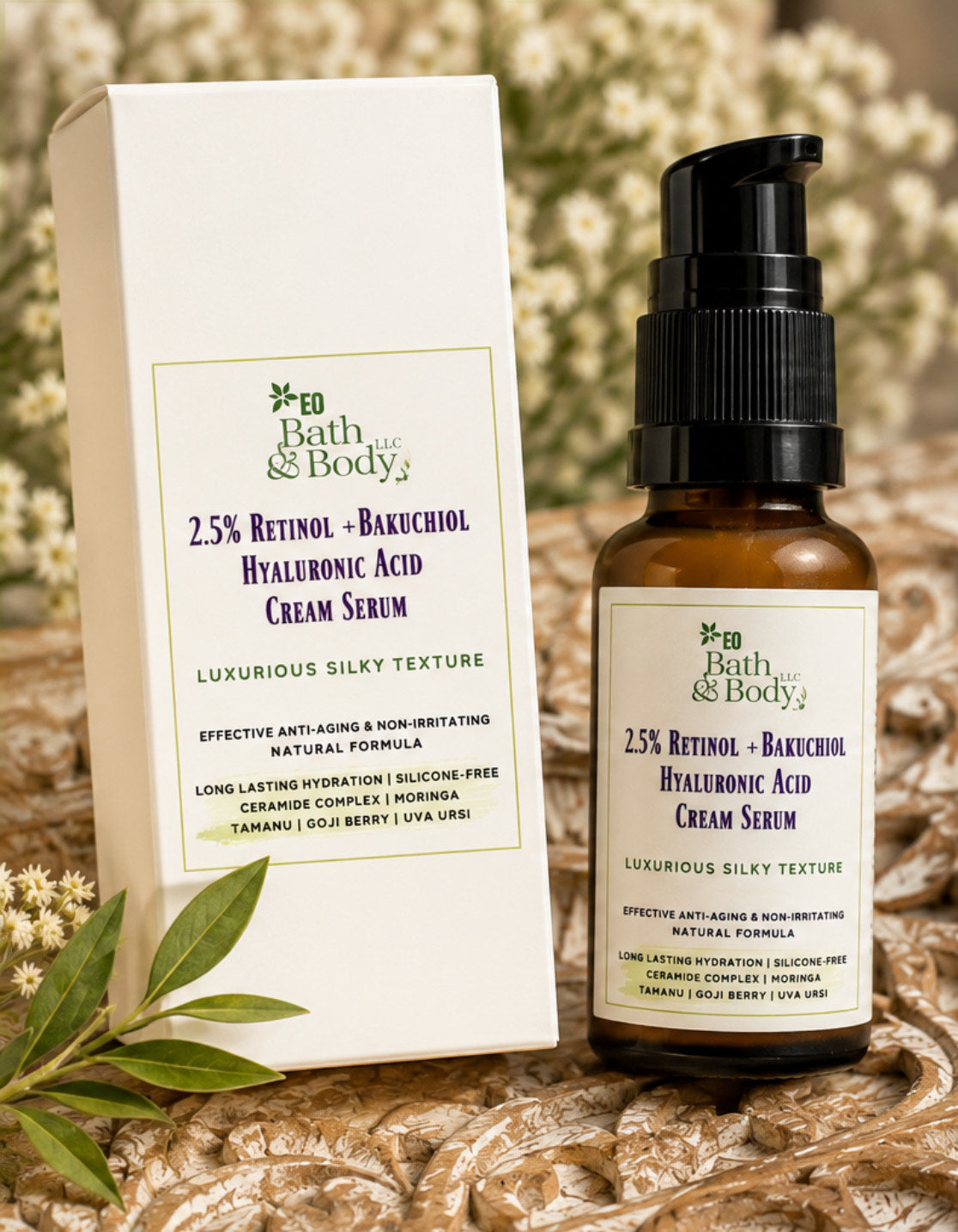 2.5% Retinol + Bakuchiol Hyaluronic Acid Cream Serum | Ceramide Complex, Organic Moringa & Meadowfoam Seed Oil | Luxurious Botanical Skincare