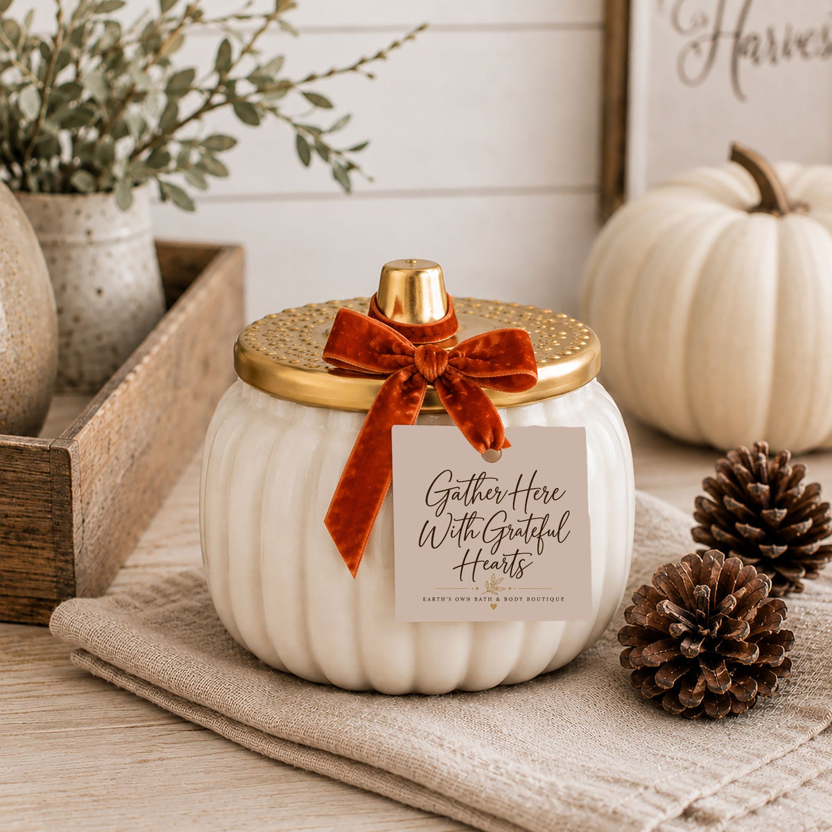 Gather Here With Grateful Hearts Pumpkin Candle, Thanksgiving Hostess Gift, Fall Decor, Coco Apricot Wax Candle, Ceramic Pumpkin, 24 oz
